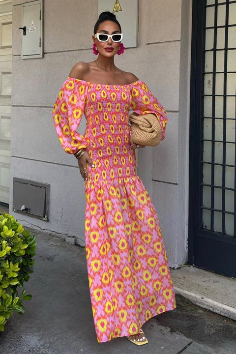 Madonna Yaka Gipe Detaylı Desenli Elbise 2746 MULTİ L