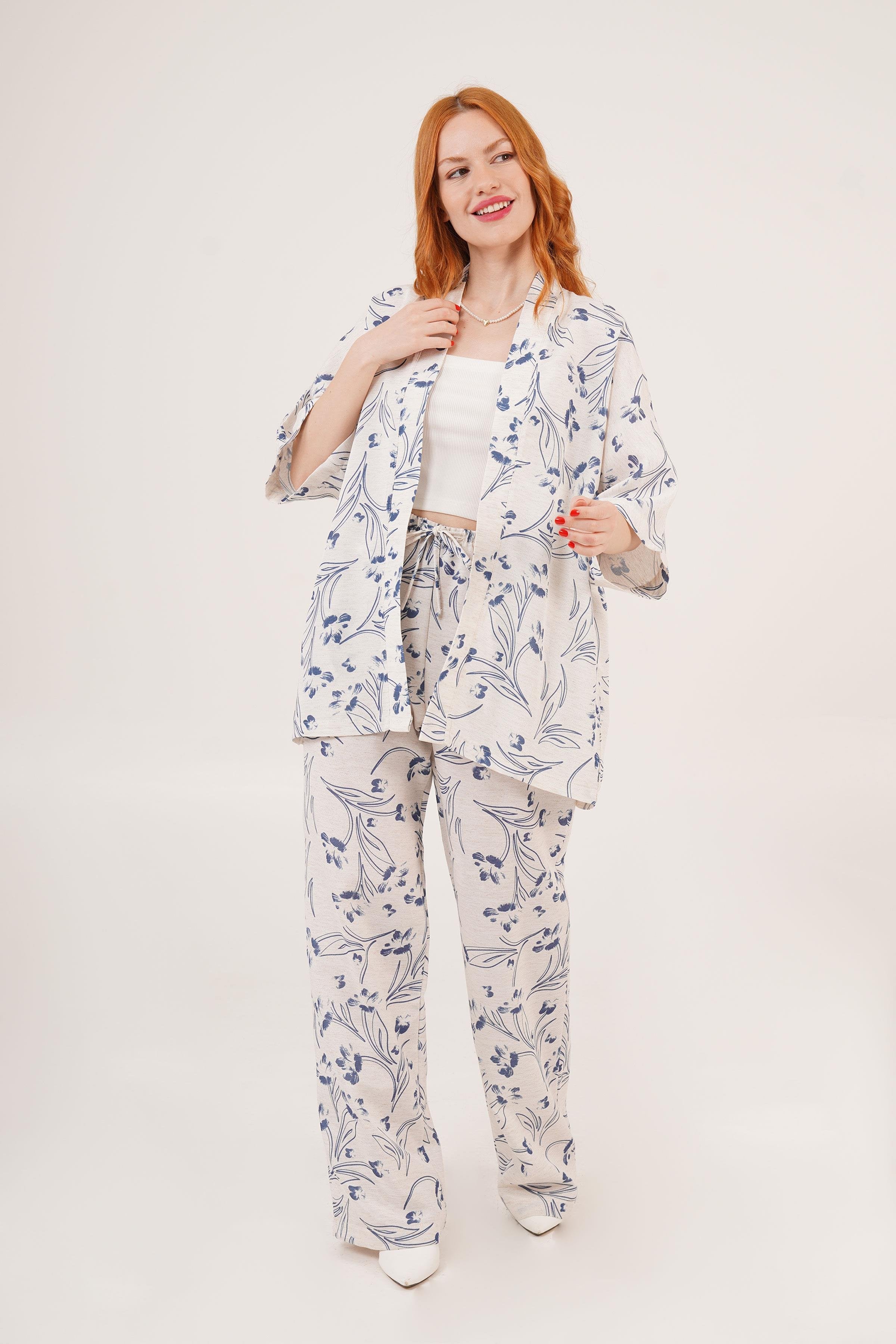 Mavi Çiçek Desenli Toptan Ekru İkili Takım Ekru S