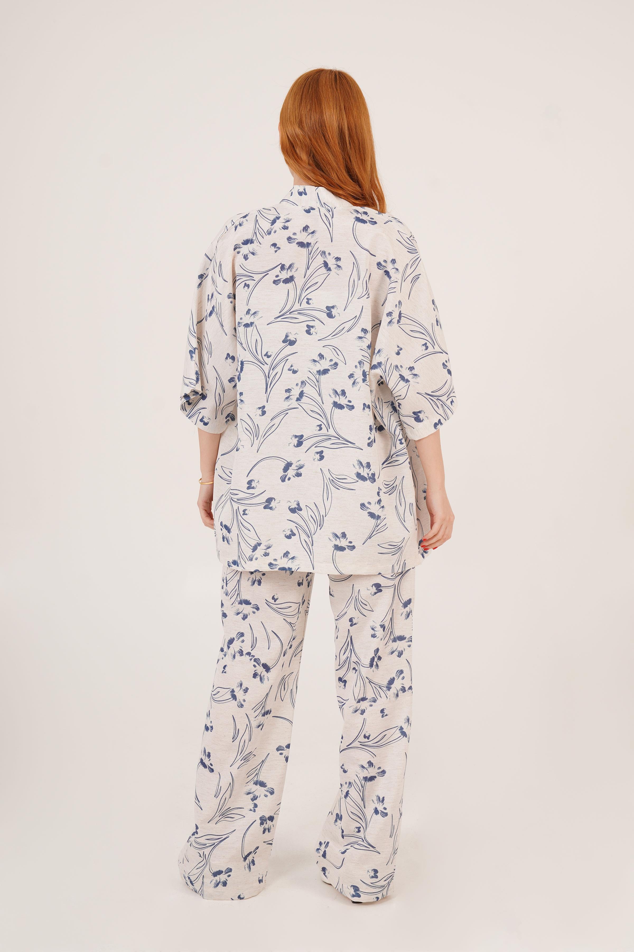 Mavi Çiçek Desenli Toptan Ekru İkili Takım