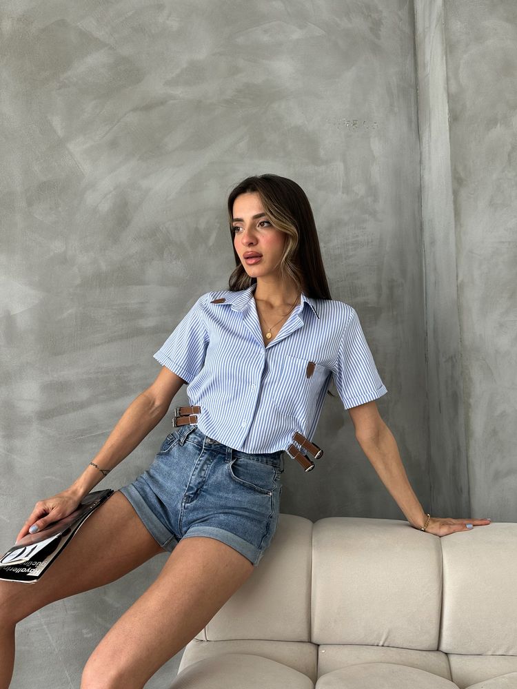 Topshow Mavi Çizgili Kemer Detaylı Çizgili Toptan Gömlek