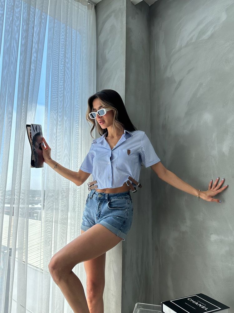 Topshow Mavi Çizgili Kemer Detaylı Çizgili Toptan Gömlek