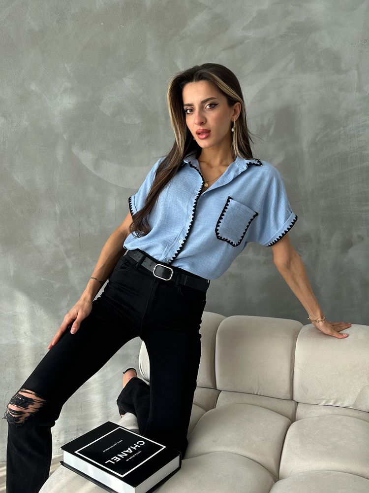 Topshow Mavi Çoban Dikişli Keten Toptan Gömlek