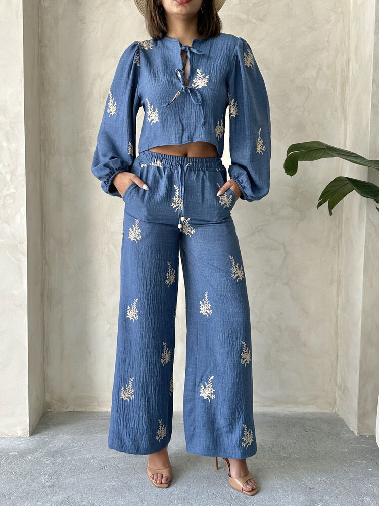 Topshow Nakış Detaylı Toptan Keten Pantolon