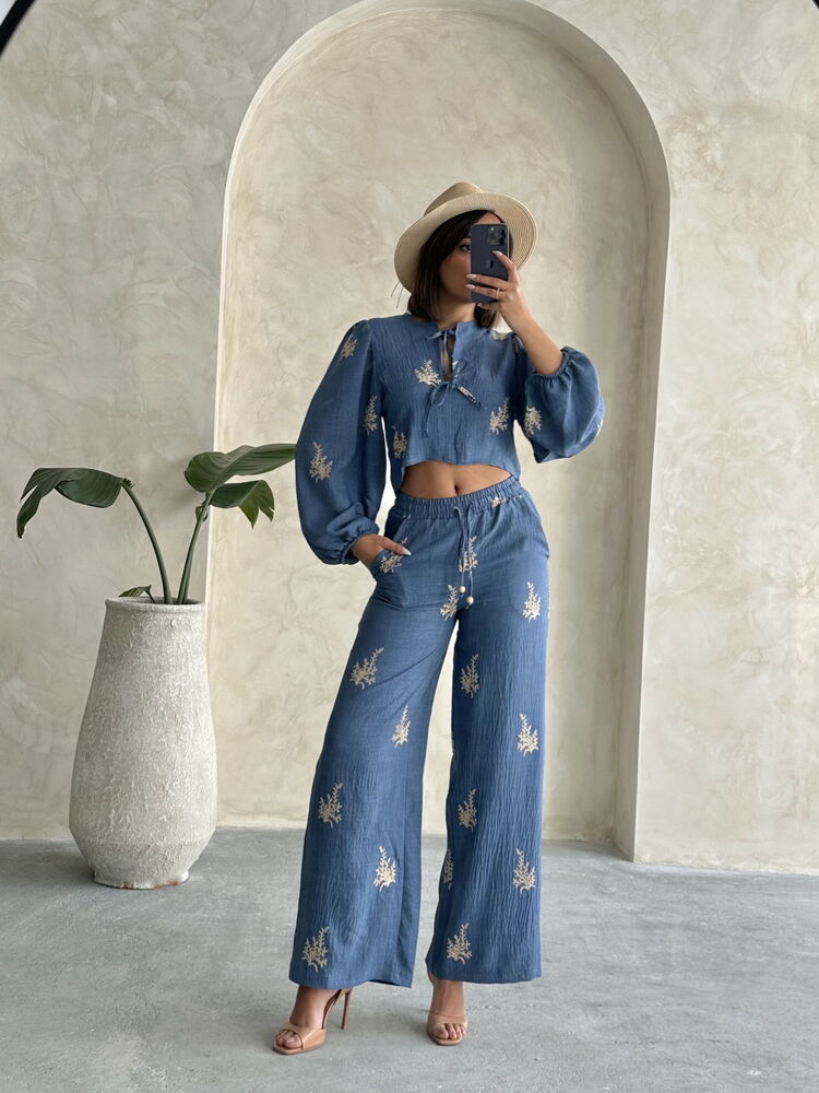 Topshow Nakış Detaylı Toptan Keten Pantolon