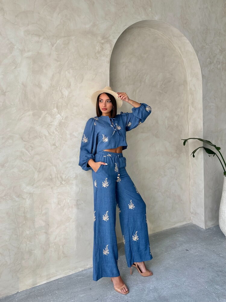 Topshow Nakış Detaylı Toptan Keten Pantolon