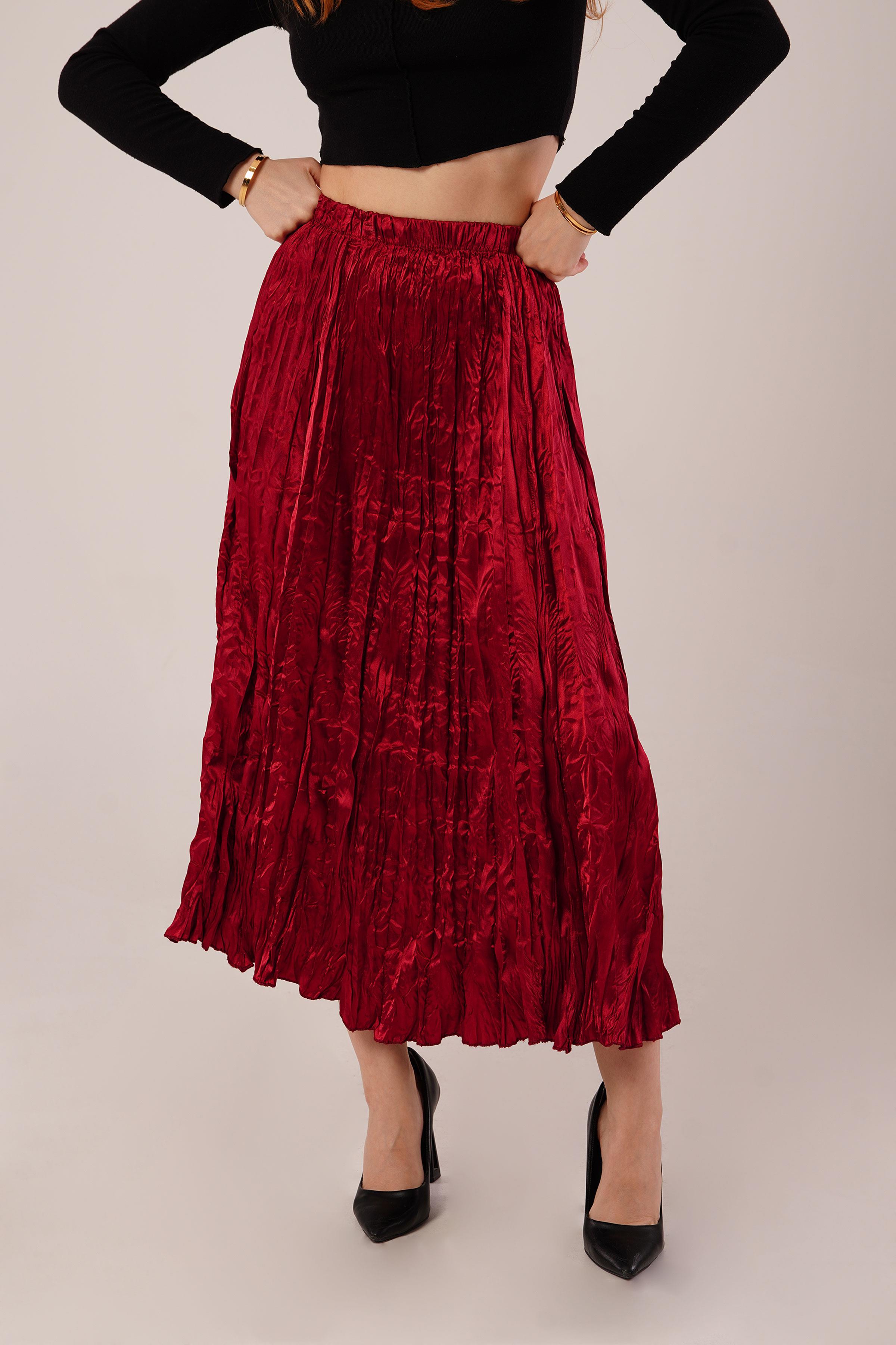 Midi Boy Pileli Saten Toptan Bordo Etek