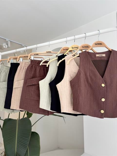 Mini Yelekli Şortlu Keten Takım 10176-08