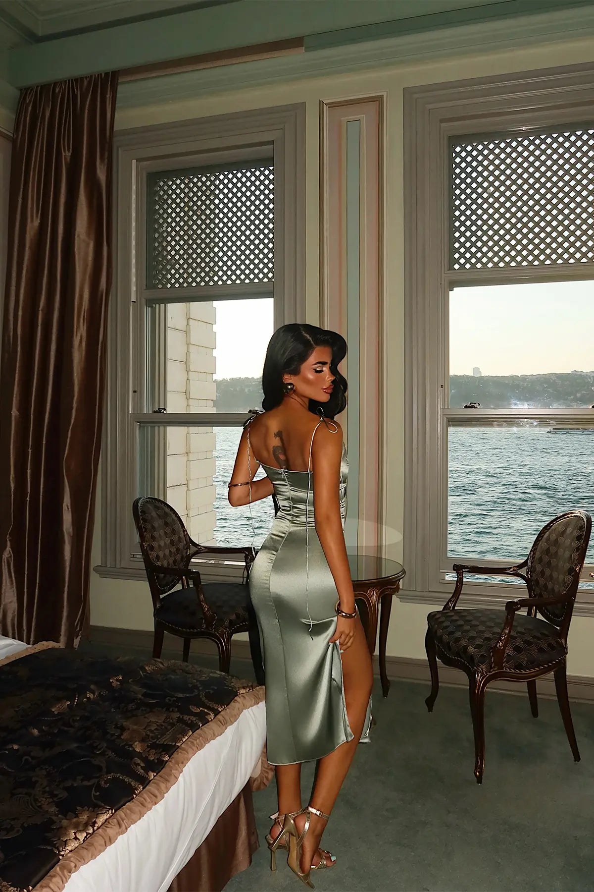 Mint Yeşili Saten Mini Elbise