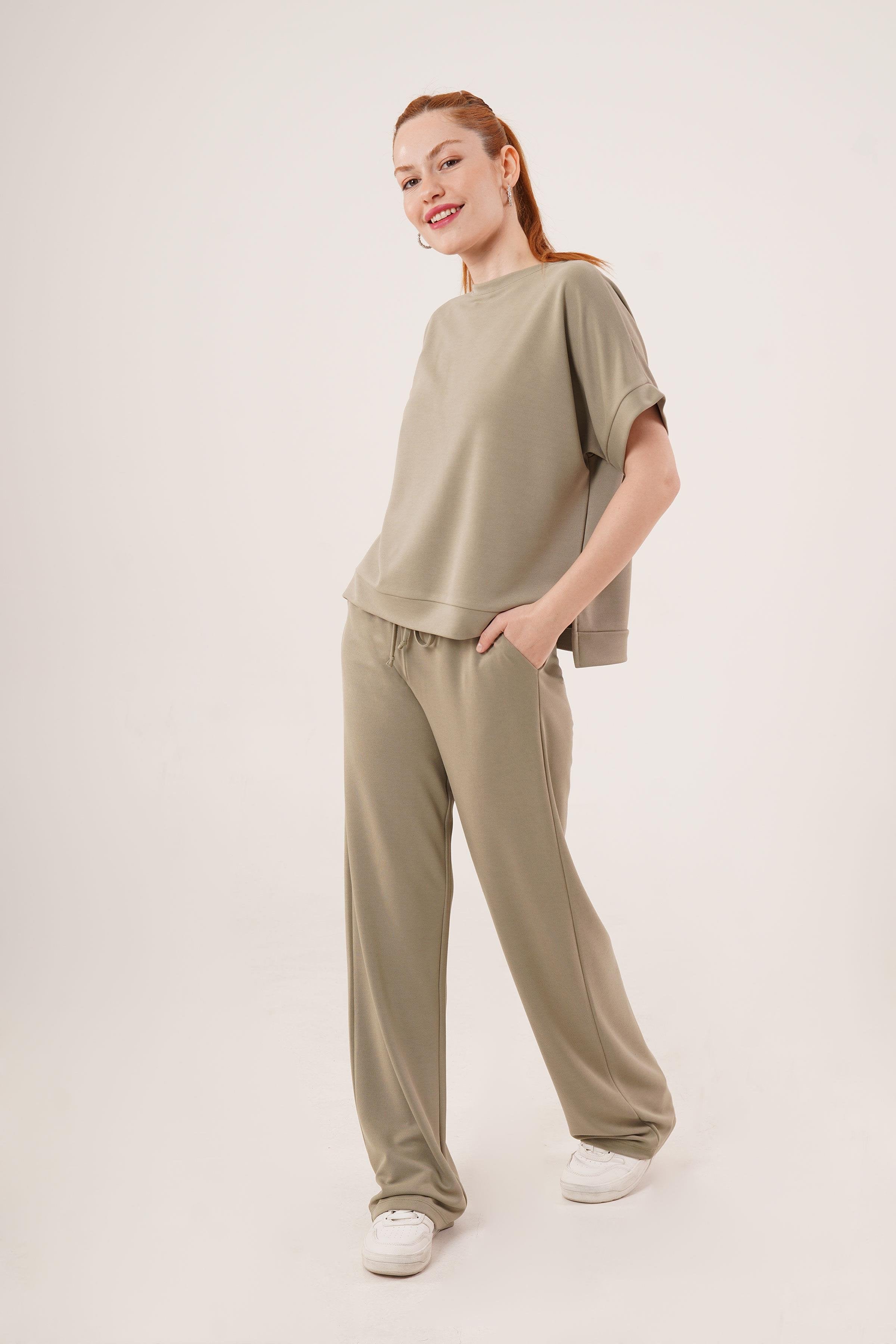 Modal Kısa Kollu Üst Ve Geniş Paça Eşofman İkili Toptan Yağ Yeşili Takım Yağ Yeşili S