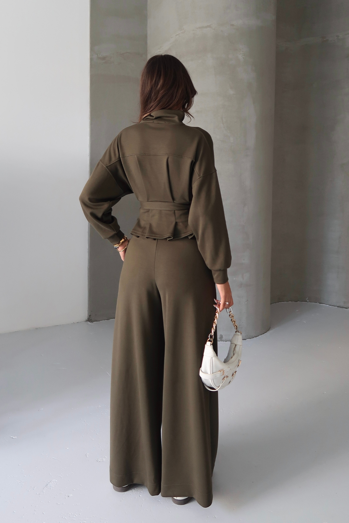 MODAL TAKIM PİLELİ SALAŞ PANTOLON - BELİ KEMERLİ FERMUARLI BLUZ - Haki