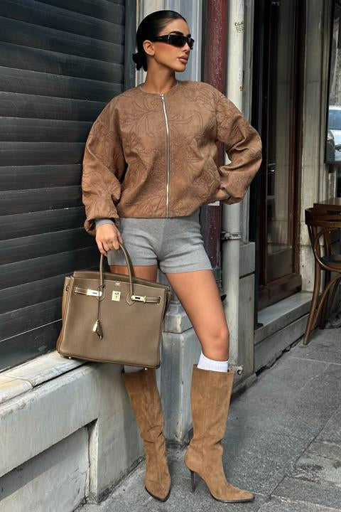 Nakış Detaylı Nubuk Bomber Ceket 6139 CAMEL L