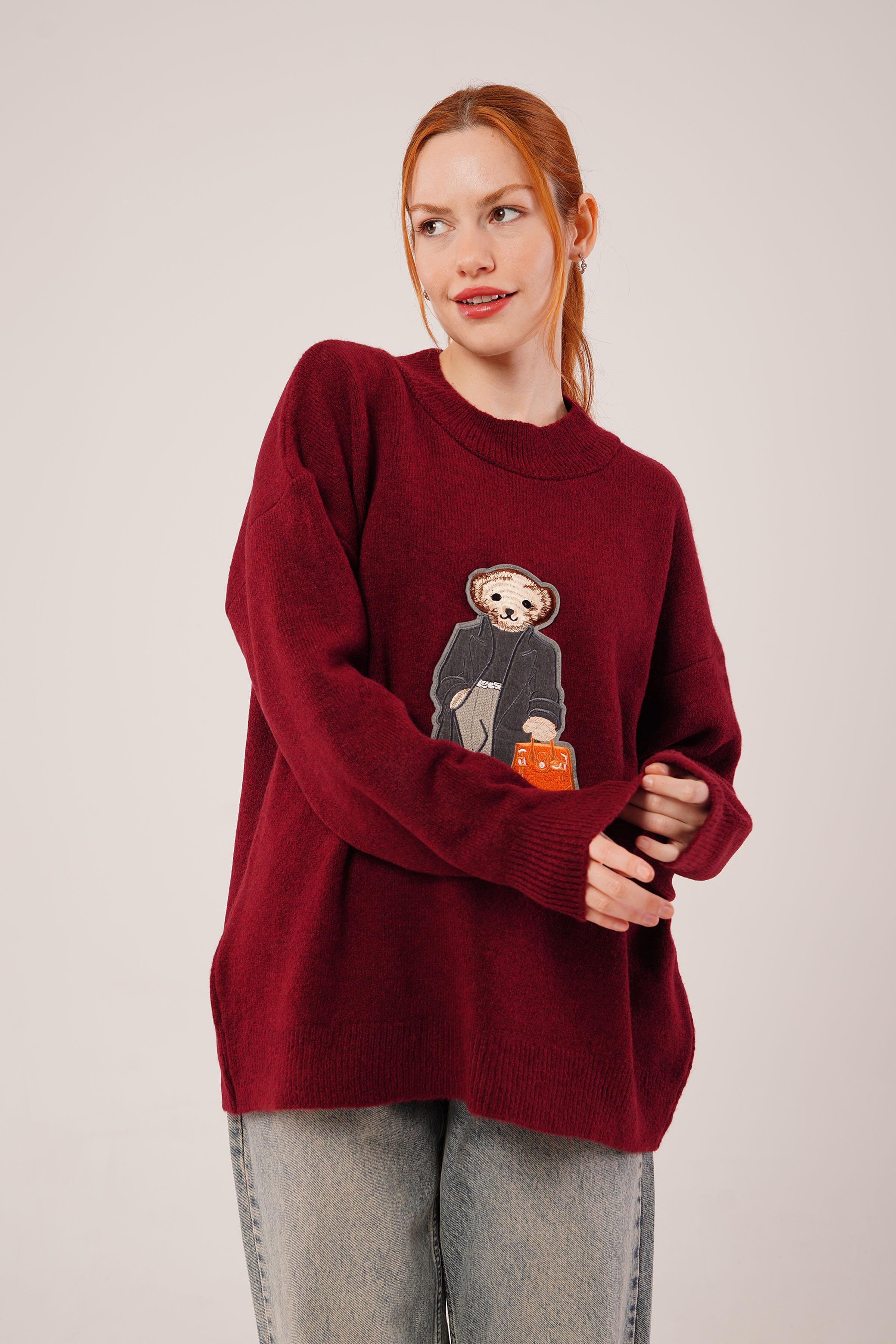 Nakış Detaylı Toptan Bordo Triko Kazak