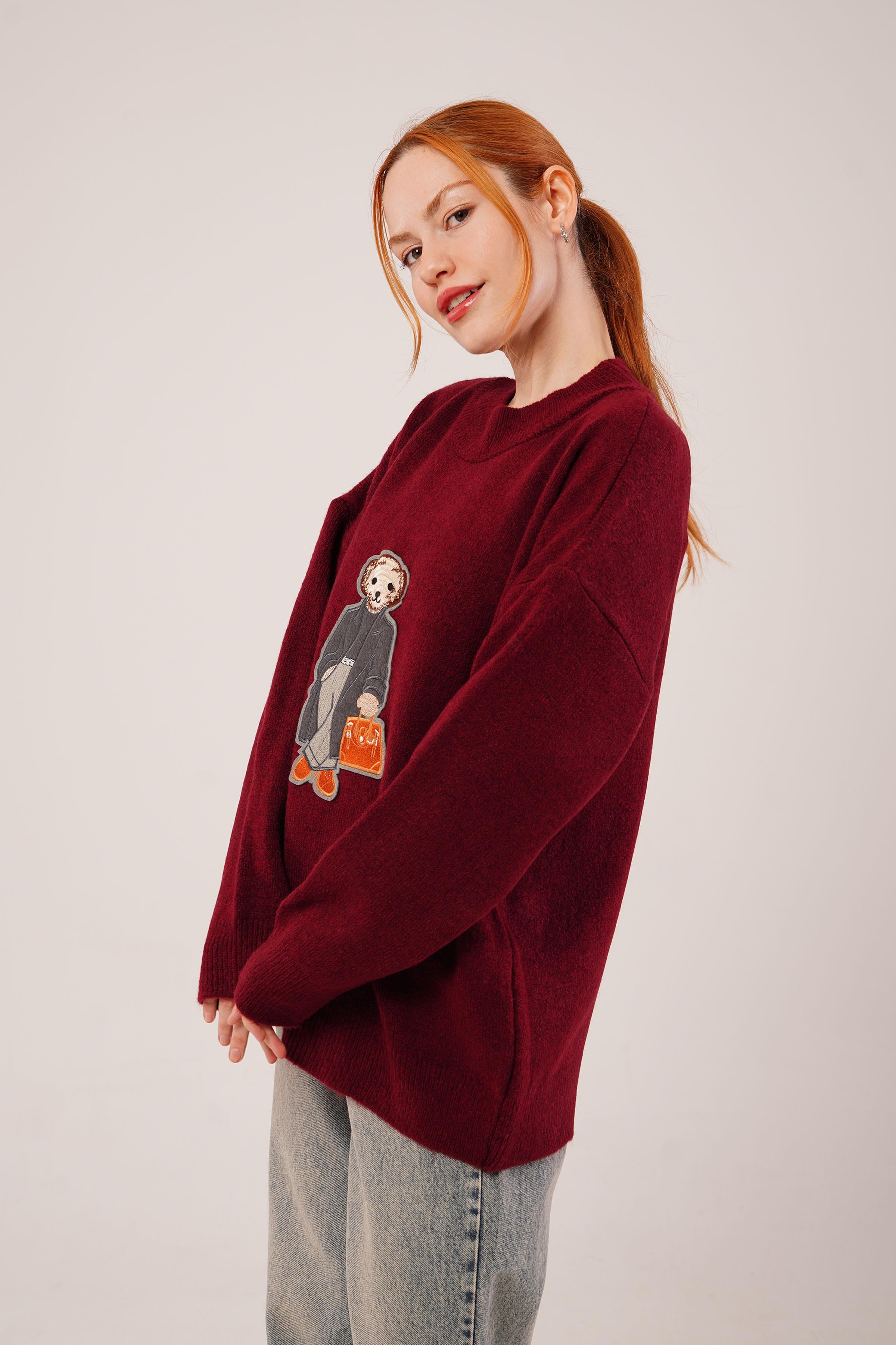 Nakış Detaylı Toptan Bordo Triko Kazak