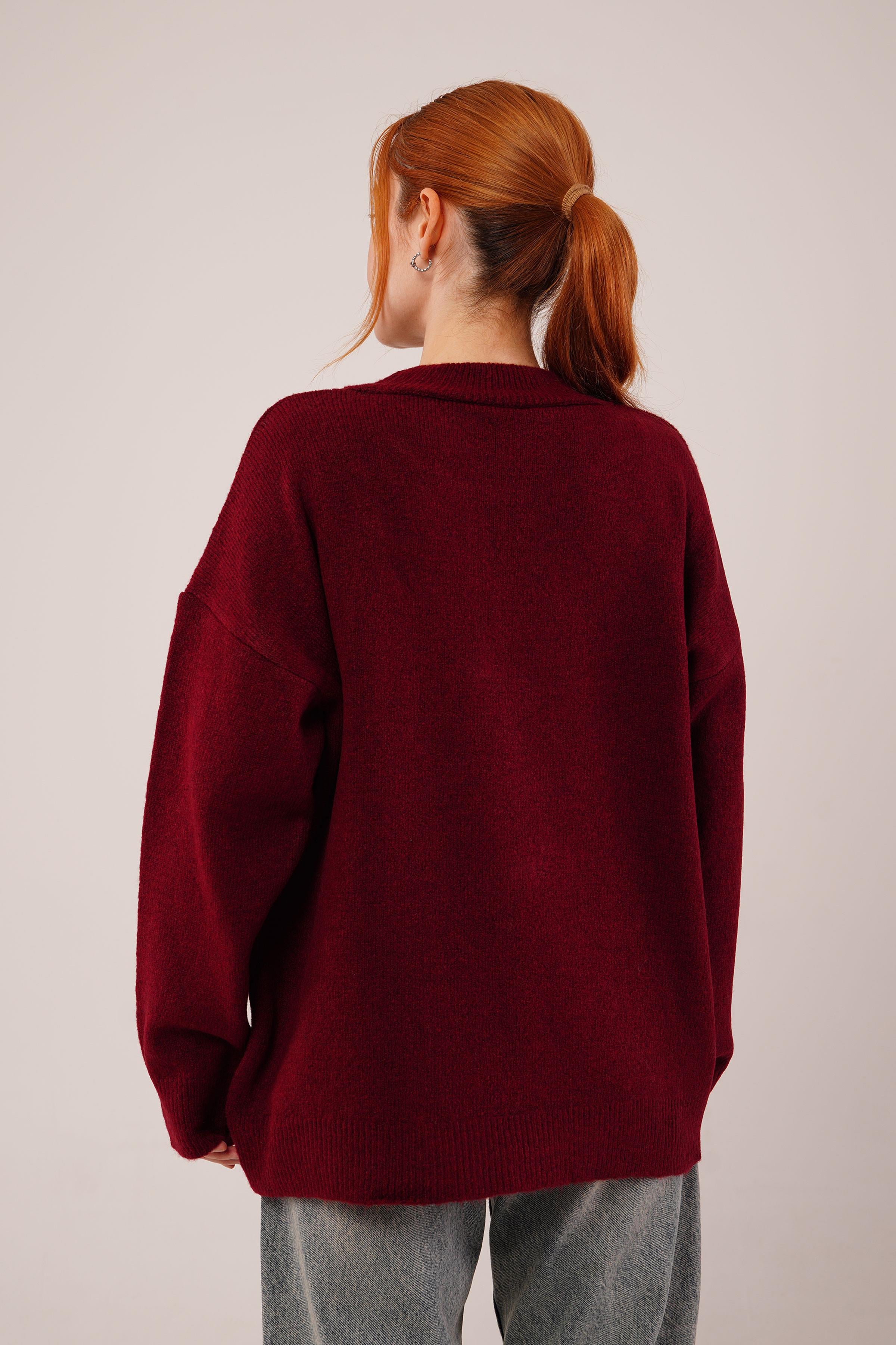 Nakış Detaylı Toptan Bordo Triko Kazak