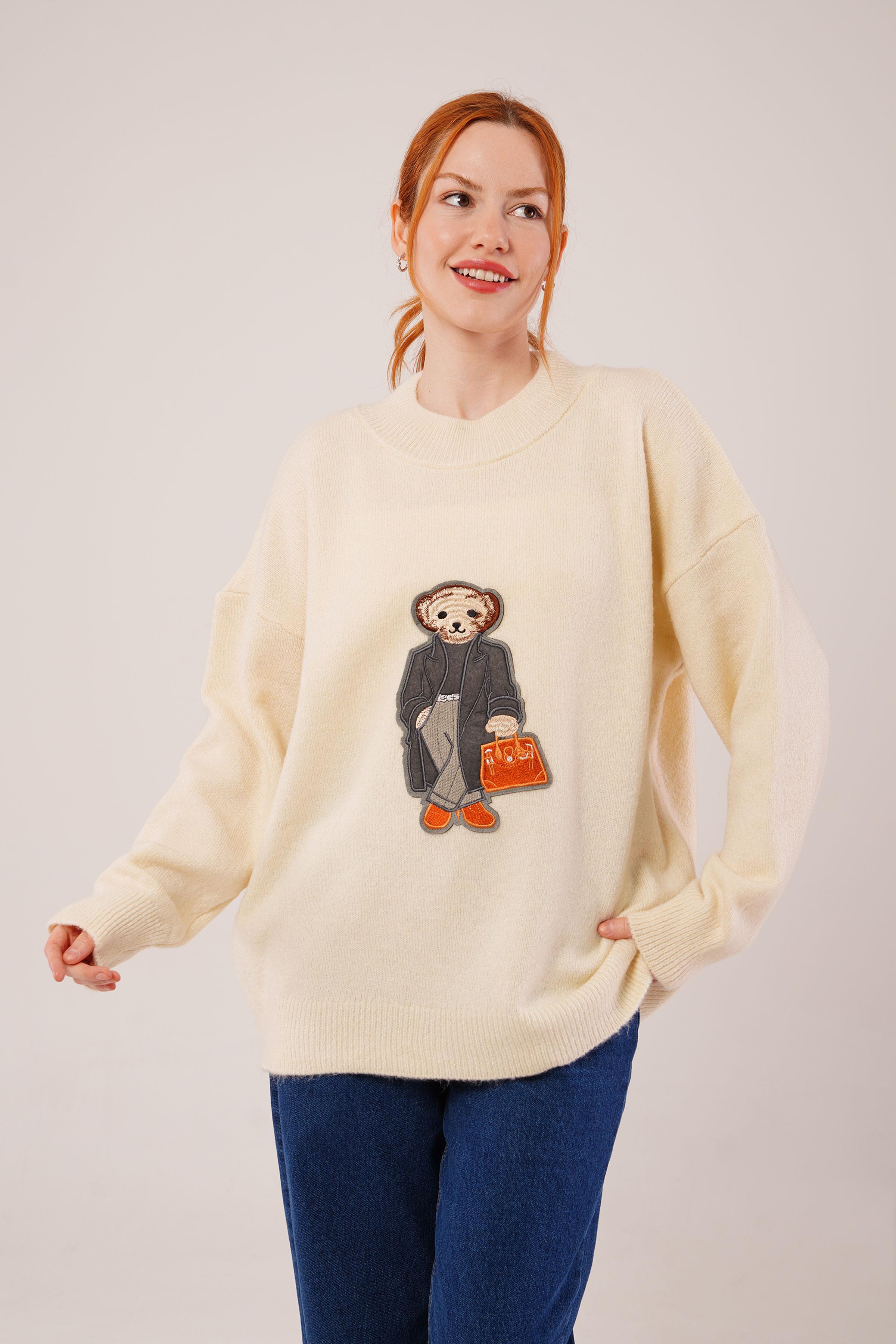 Nakış Detaylı Toptan Krem Triko Kazak Krem STD