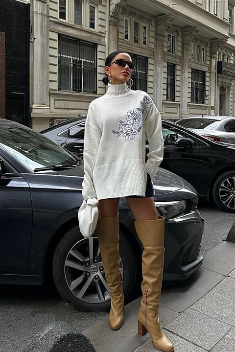 Nakış Detaylı Triko Kazak 1340 EKRU STD