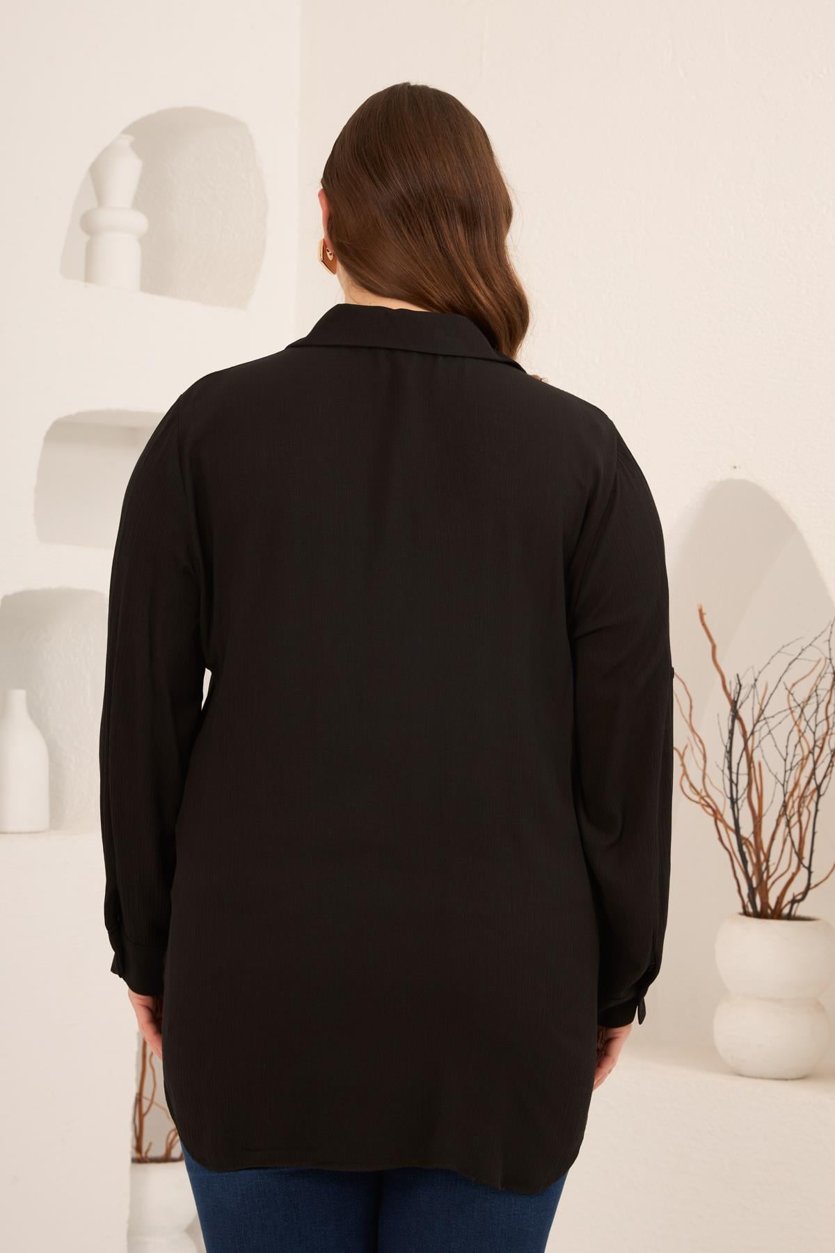 Plus Size Embroidered Side Slit Shirt Black