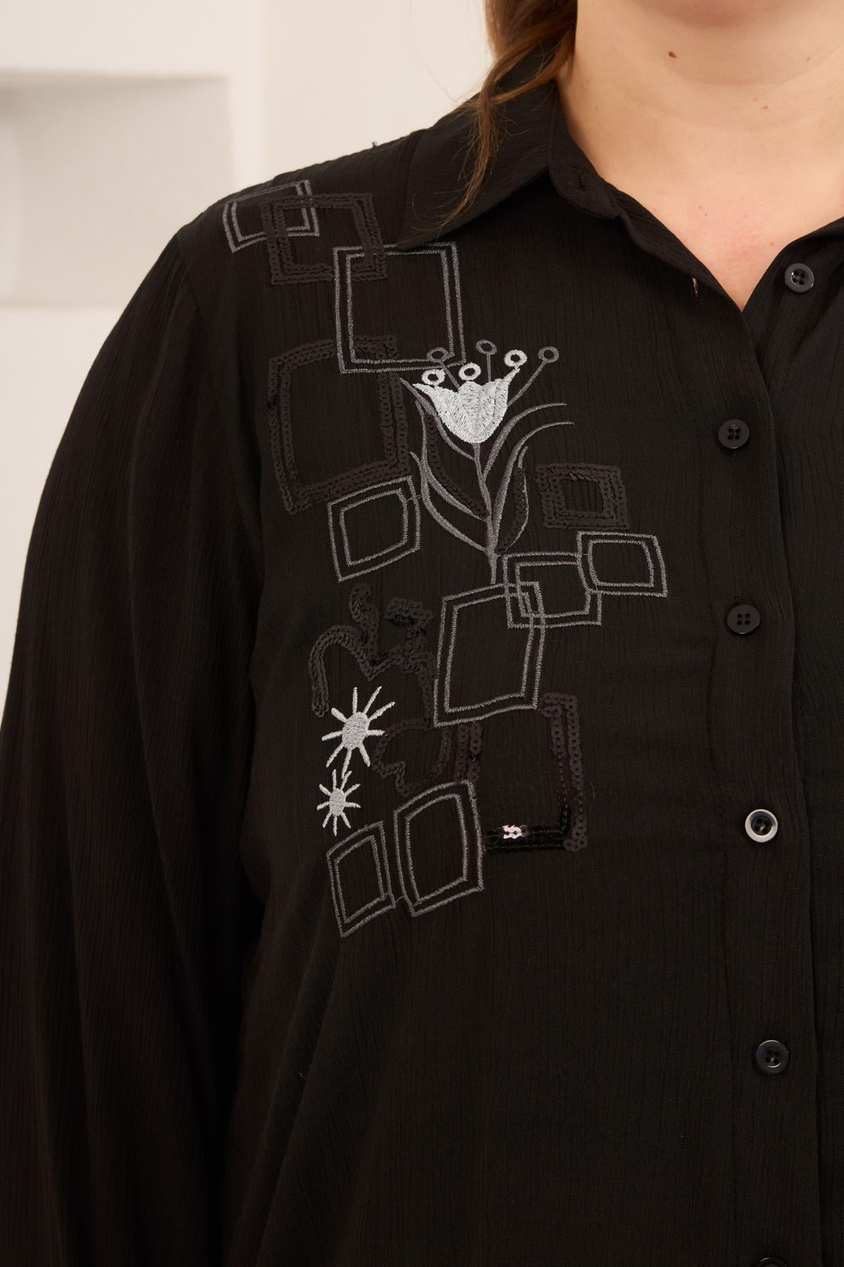 Plus Size Embroidered Side Slit Shirt Black