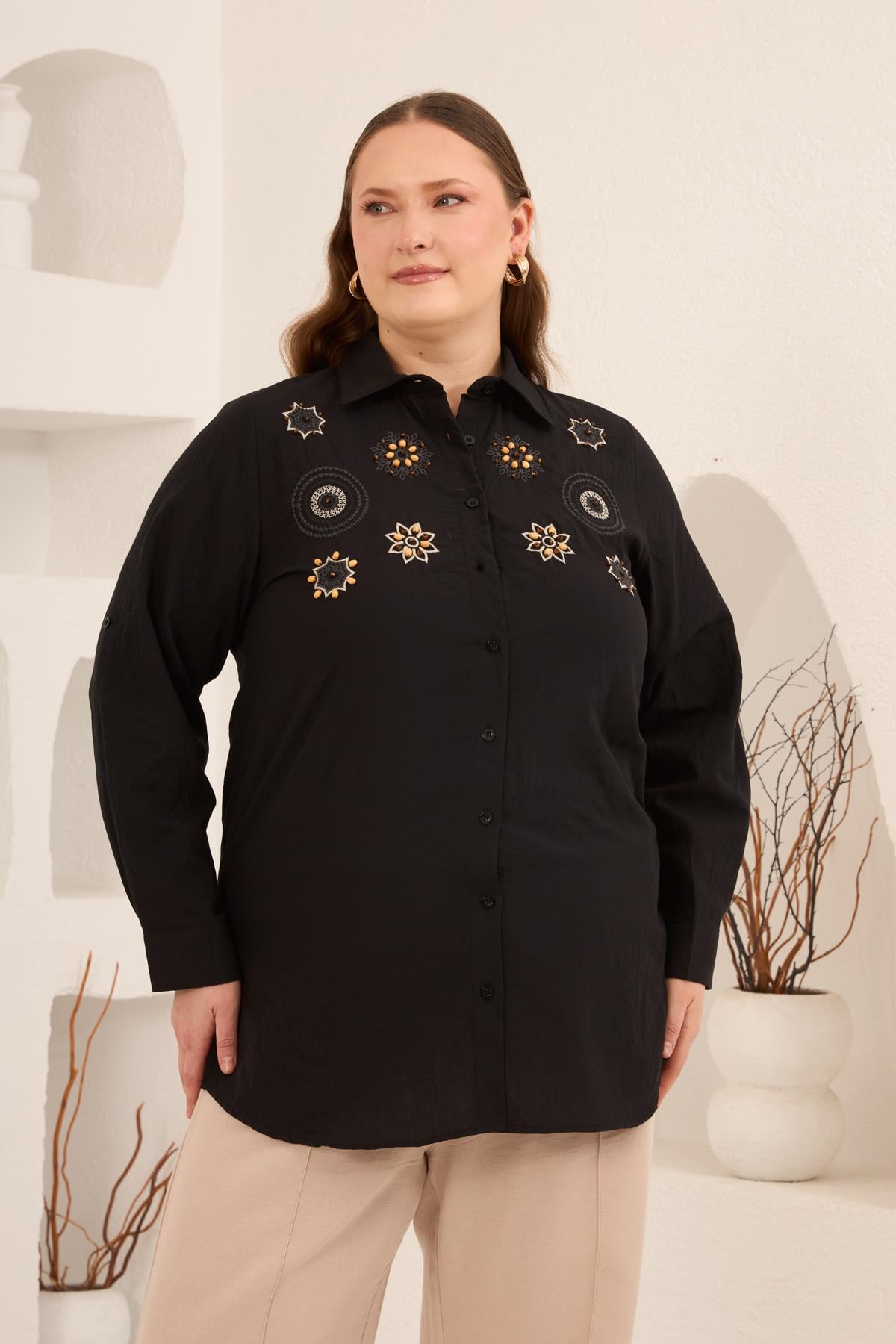 Plus Size Embroidered Shirt Black