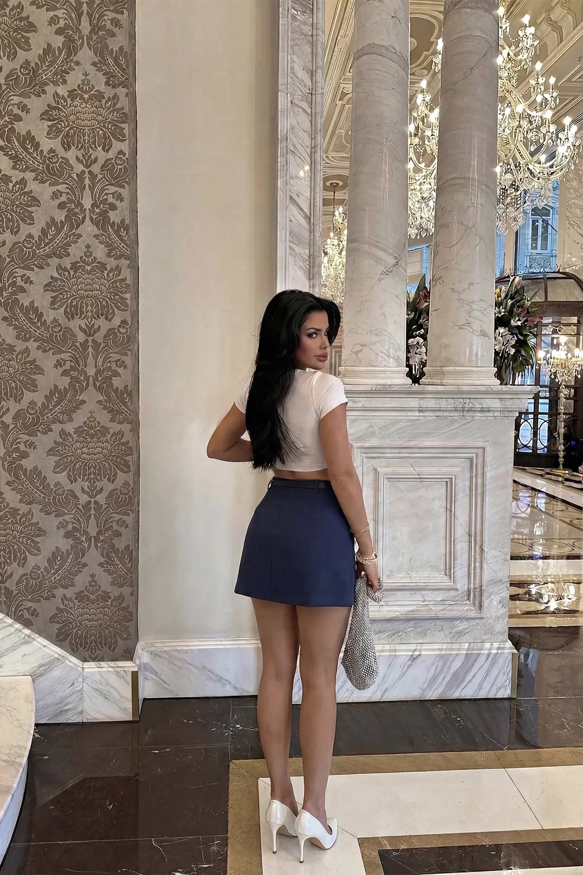 Lacivert Cep Detay Kemerli Etek