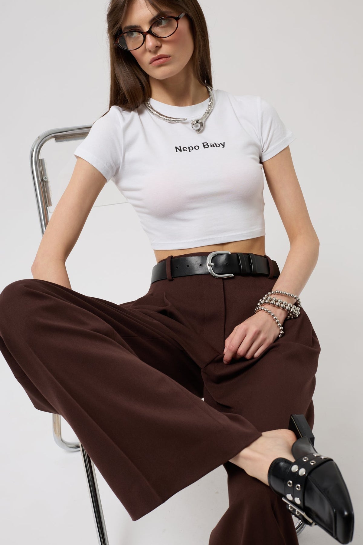 Nepo Baskılı Crop T-Shirt - Siyah