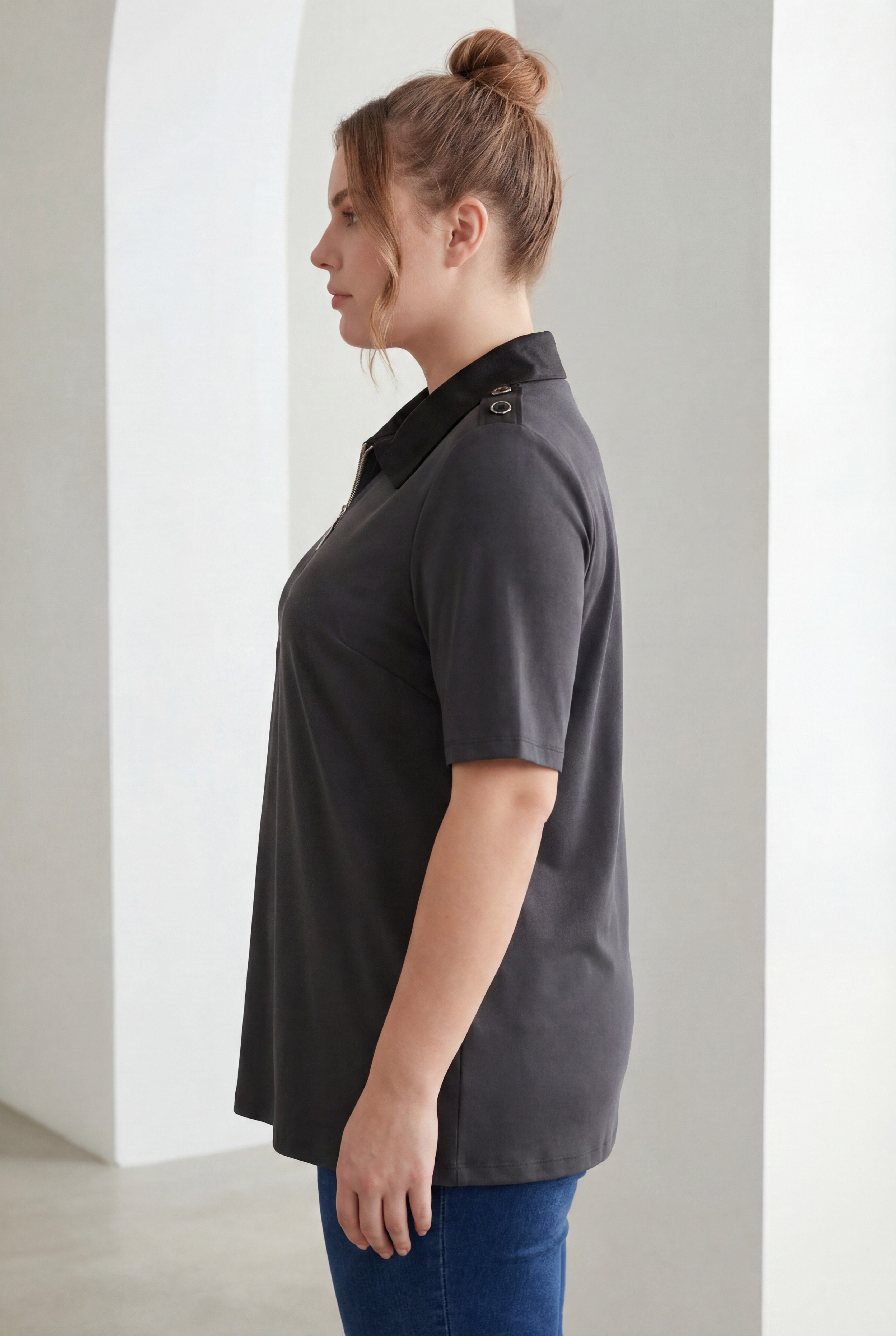 Plus Size Modal Blouse with Zipper and Shoulder Epaulettes Black