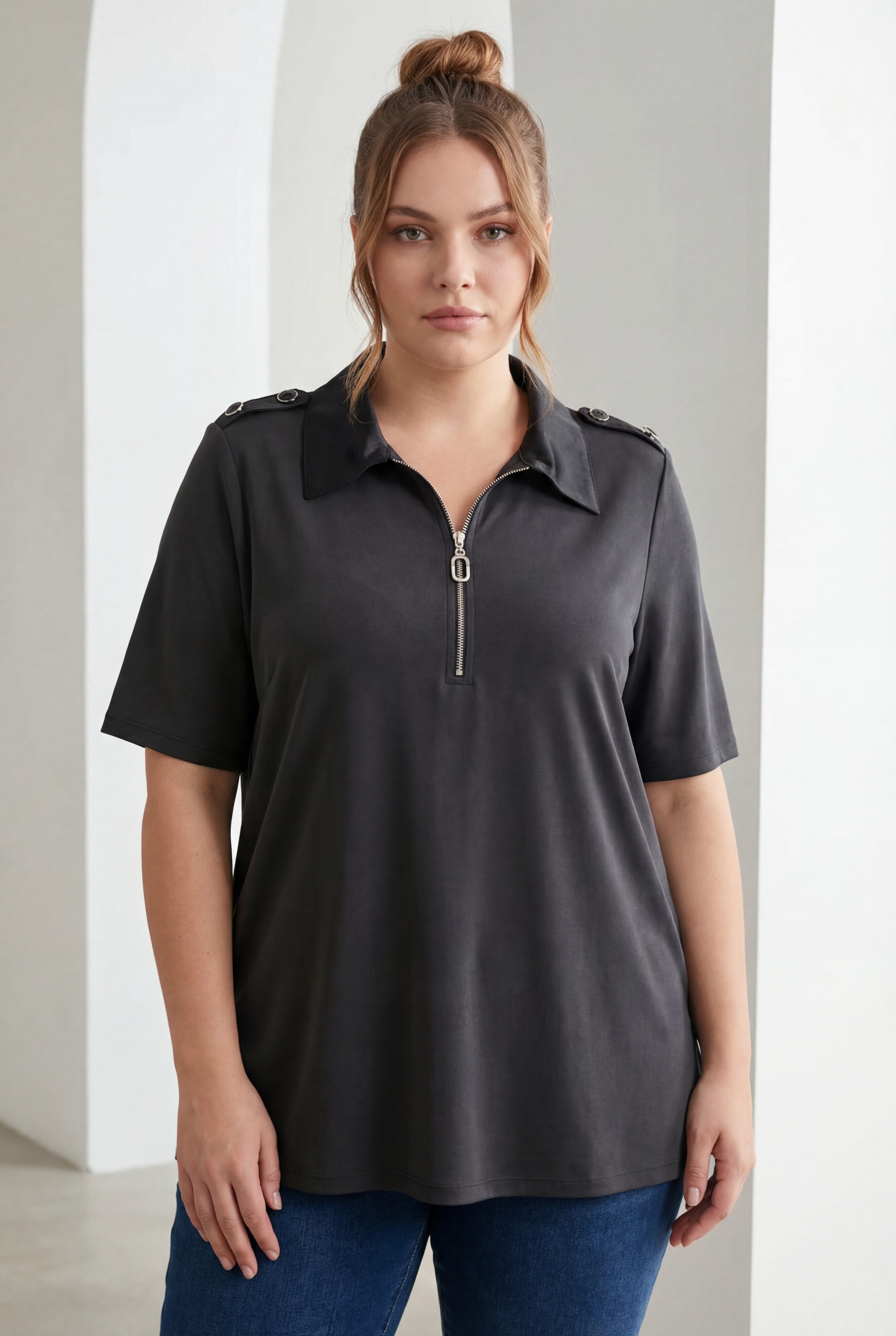Plus Size Modal Blouse with Zipper and Shoulder Epaulettes Black