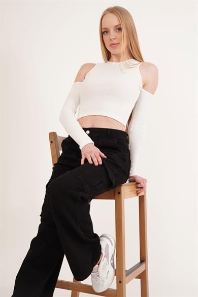 Omuz Detaylı Bisiklet Yaka Toptan Bluz Ekru