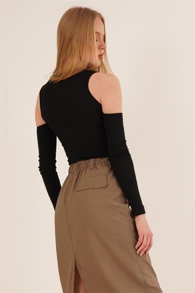 Omuz Detaylı Bisiklet Yaka Toptan Bluz Siyah