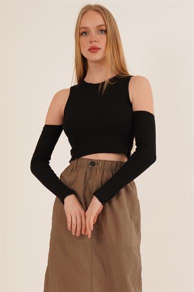 Omuz Detaylı Bisiklet Yaka Toptan Bluz Siyah