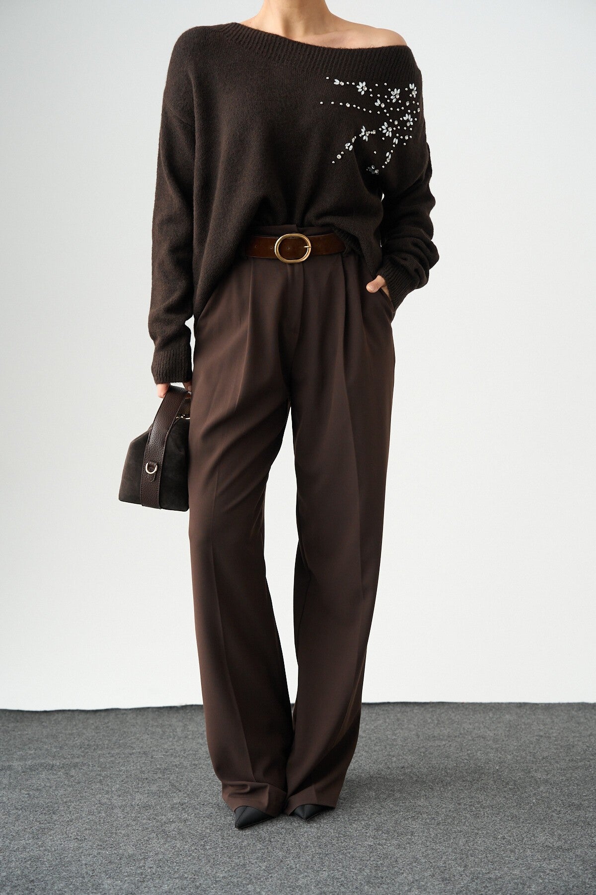 Dark Brown Sweater with Shoulder Embellishments