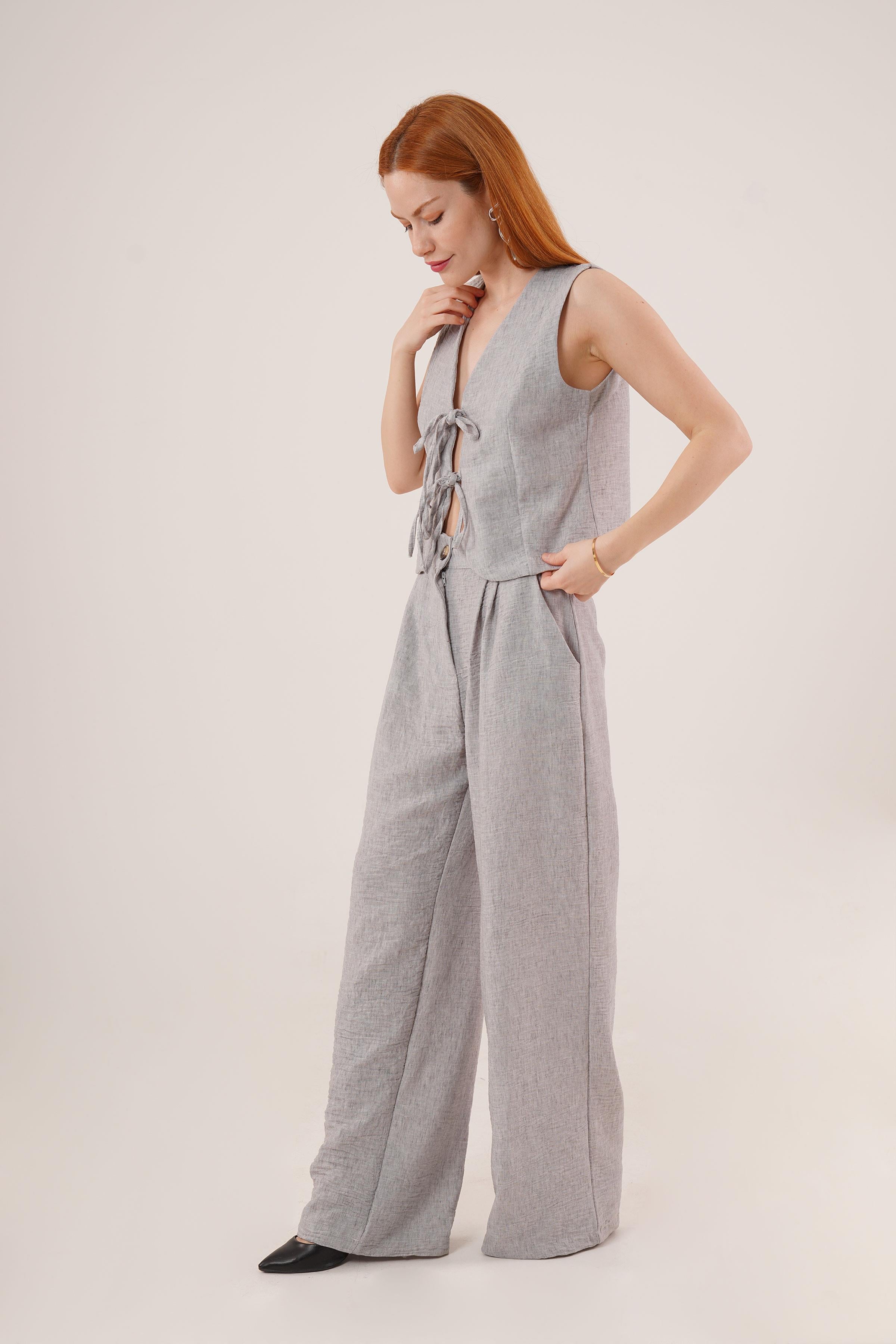 Ön Bağlama Detaylı Yelek Ve Pantolon Gri Toptan İkili Takım