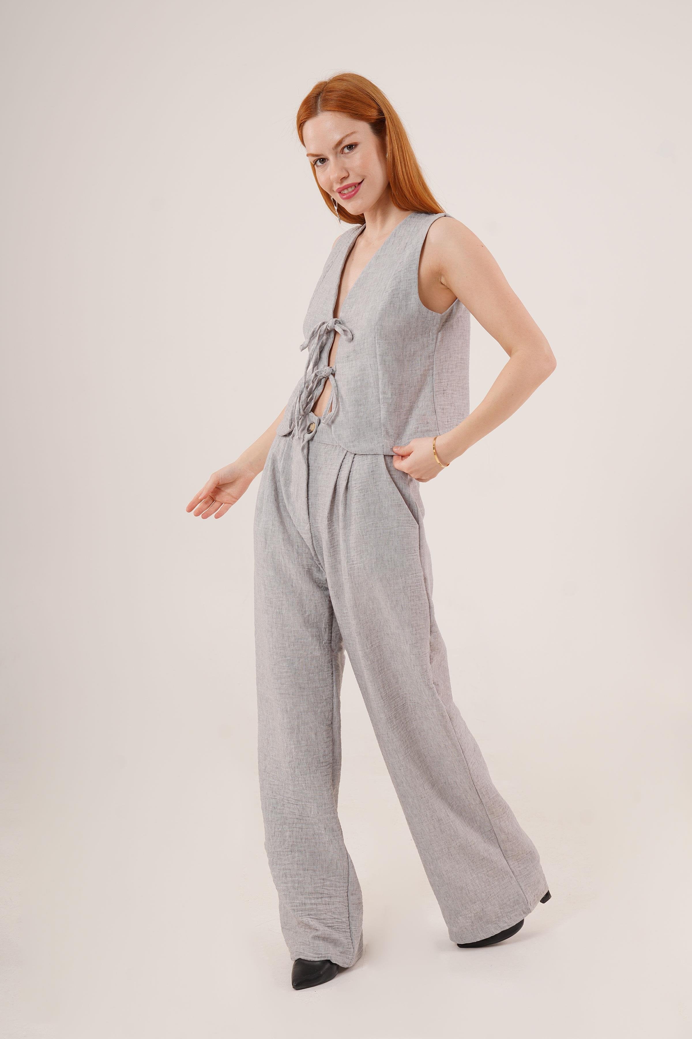 Ön Bağlama Detaylı Yelek Ve Pantolon Gri Toptan İkili Takım Gri S