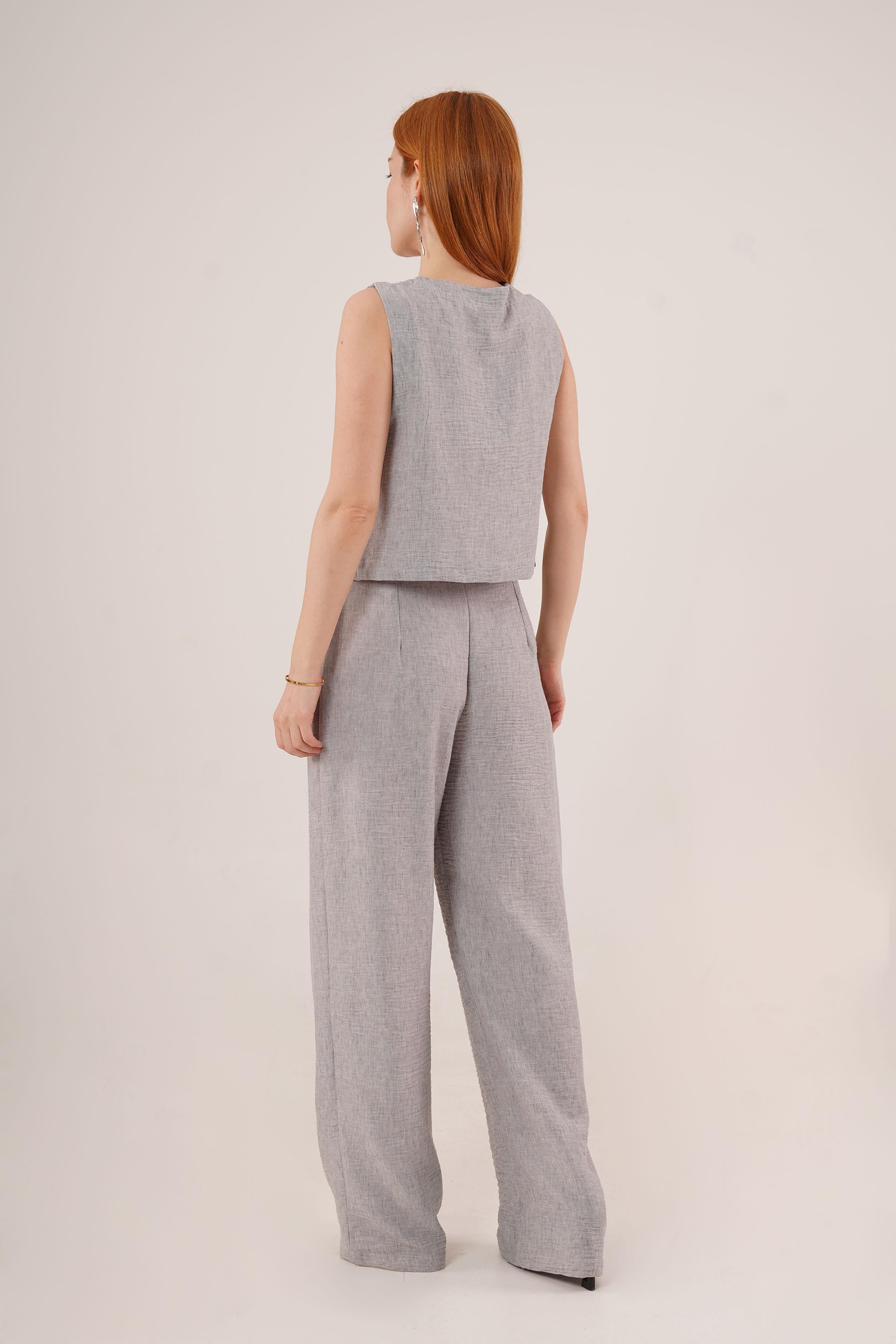 Ön Bağlama Detaylı Yelek Ve Pantolon Gri Toptan İkili Takım