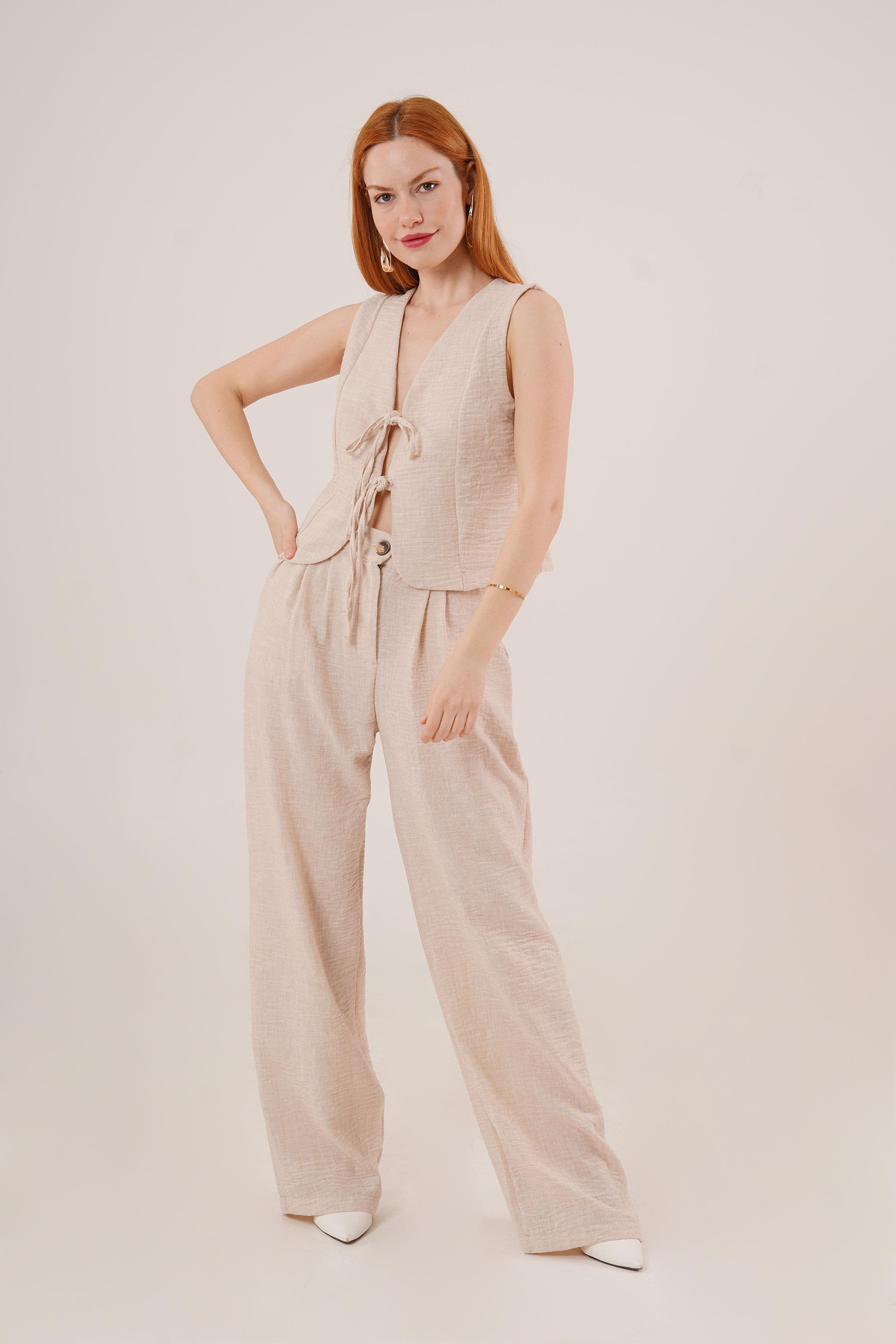 Ön Bağlama Detaylı Yelek Ve Pantolon Taş Toptan İkili Takım Taş S