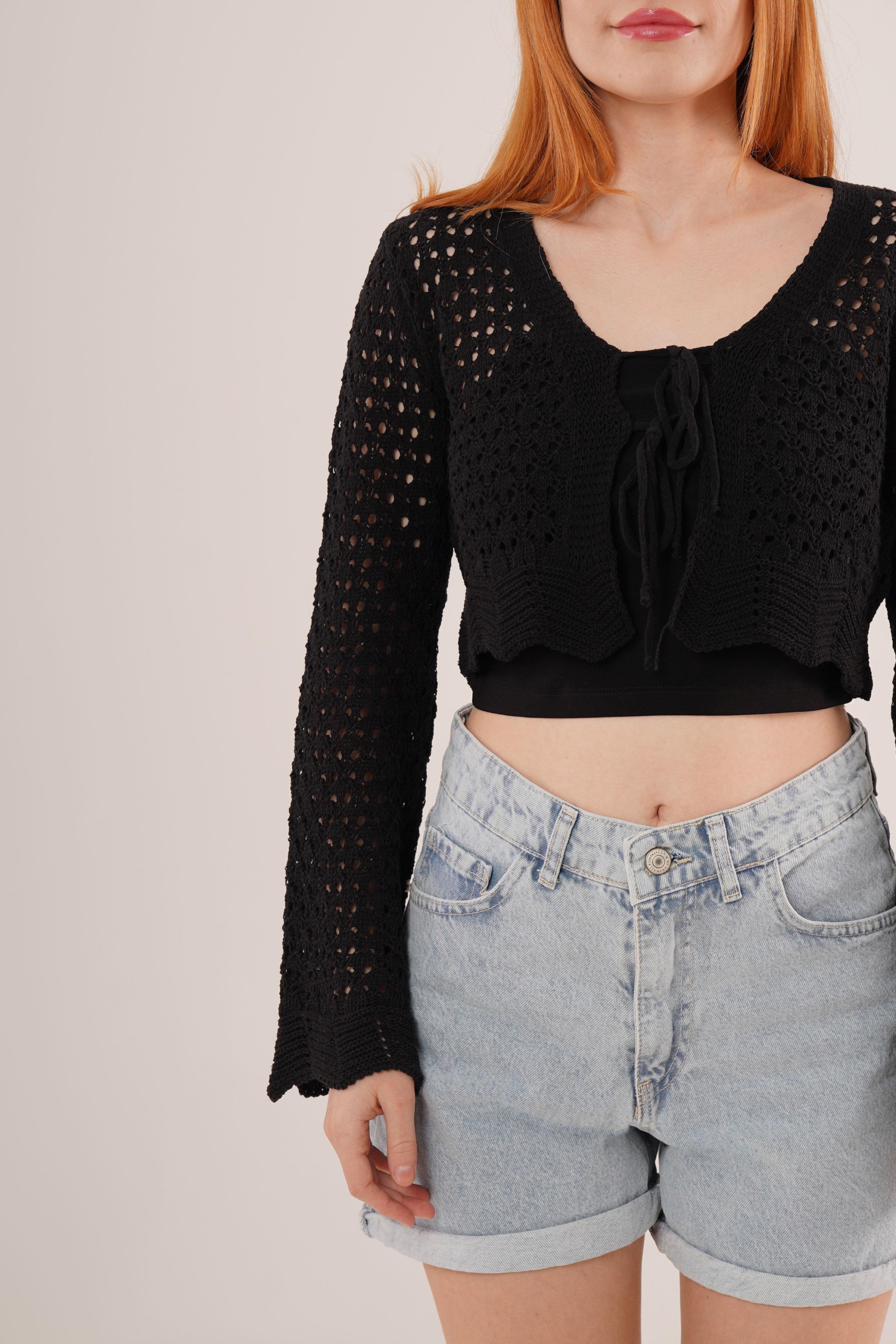 Ön Bağlamalı Ajurlu Crop Toptan Siyah Hırka