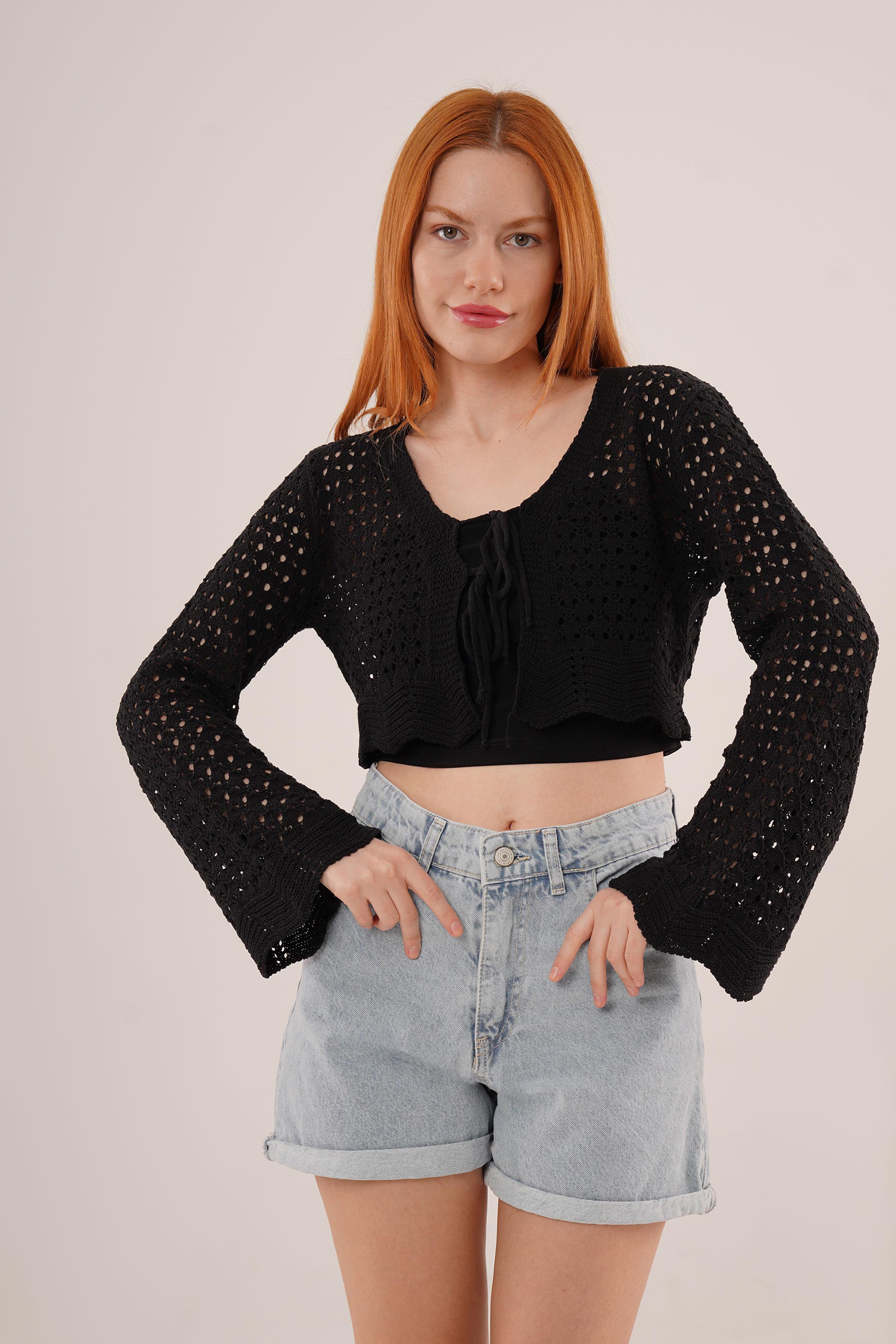 Ön Bağlamalı Ajurlu Crop Toptan Siyah Hırka
