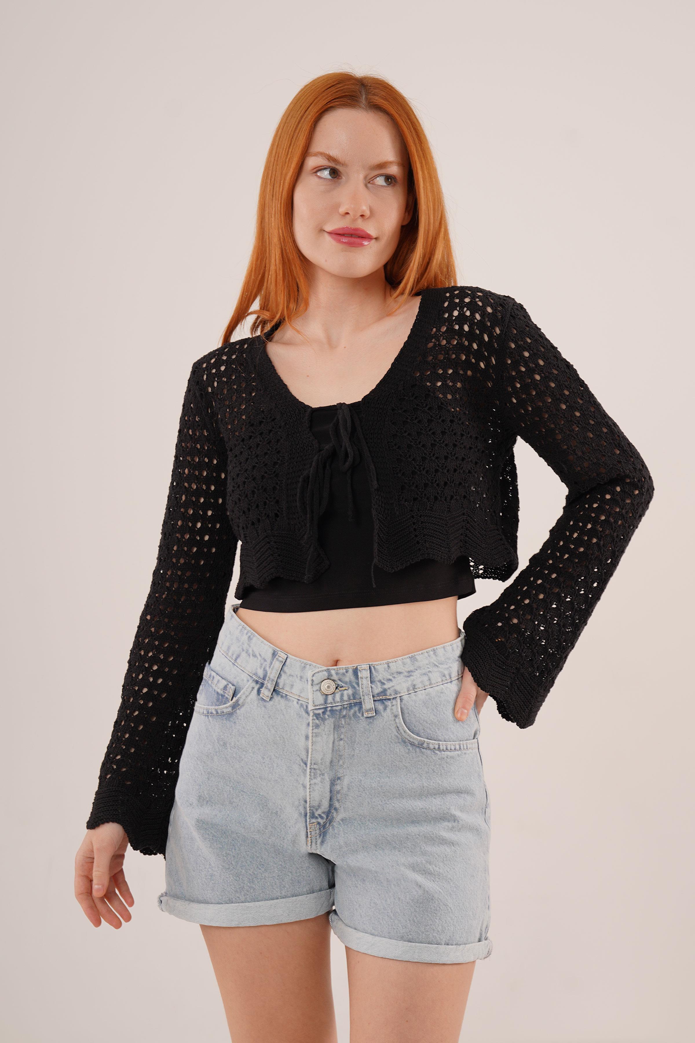 Ön Bağlamalı Ajurlu Crop Toptan Siyah Hırka Siyah STD