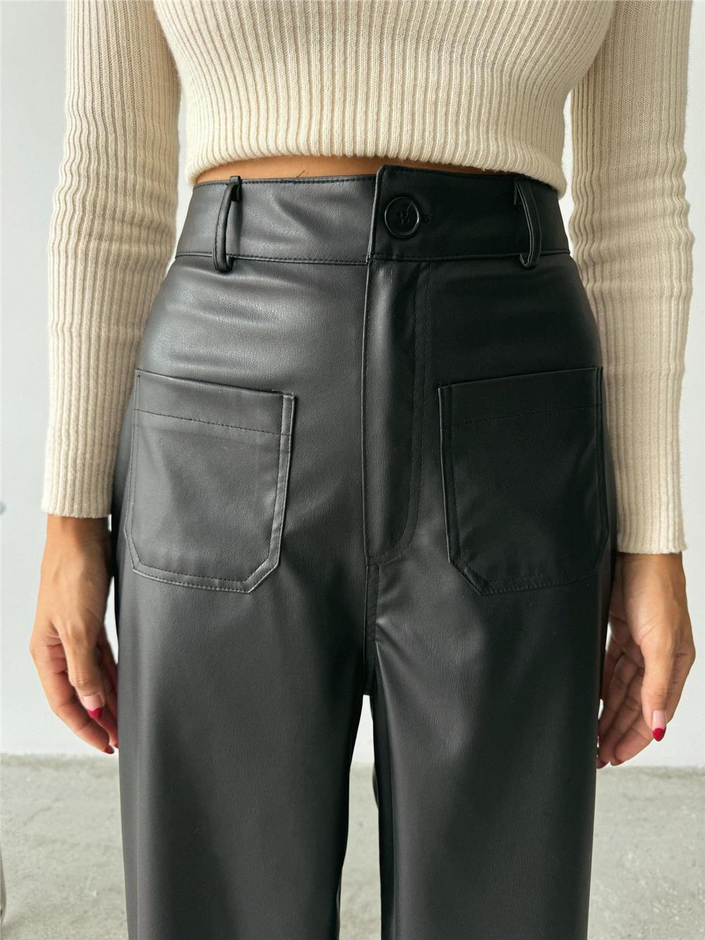 ÖN CEP DETAYLI DERİ PANTOLON - Siyah