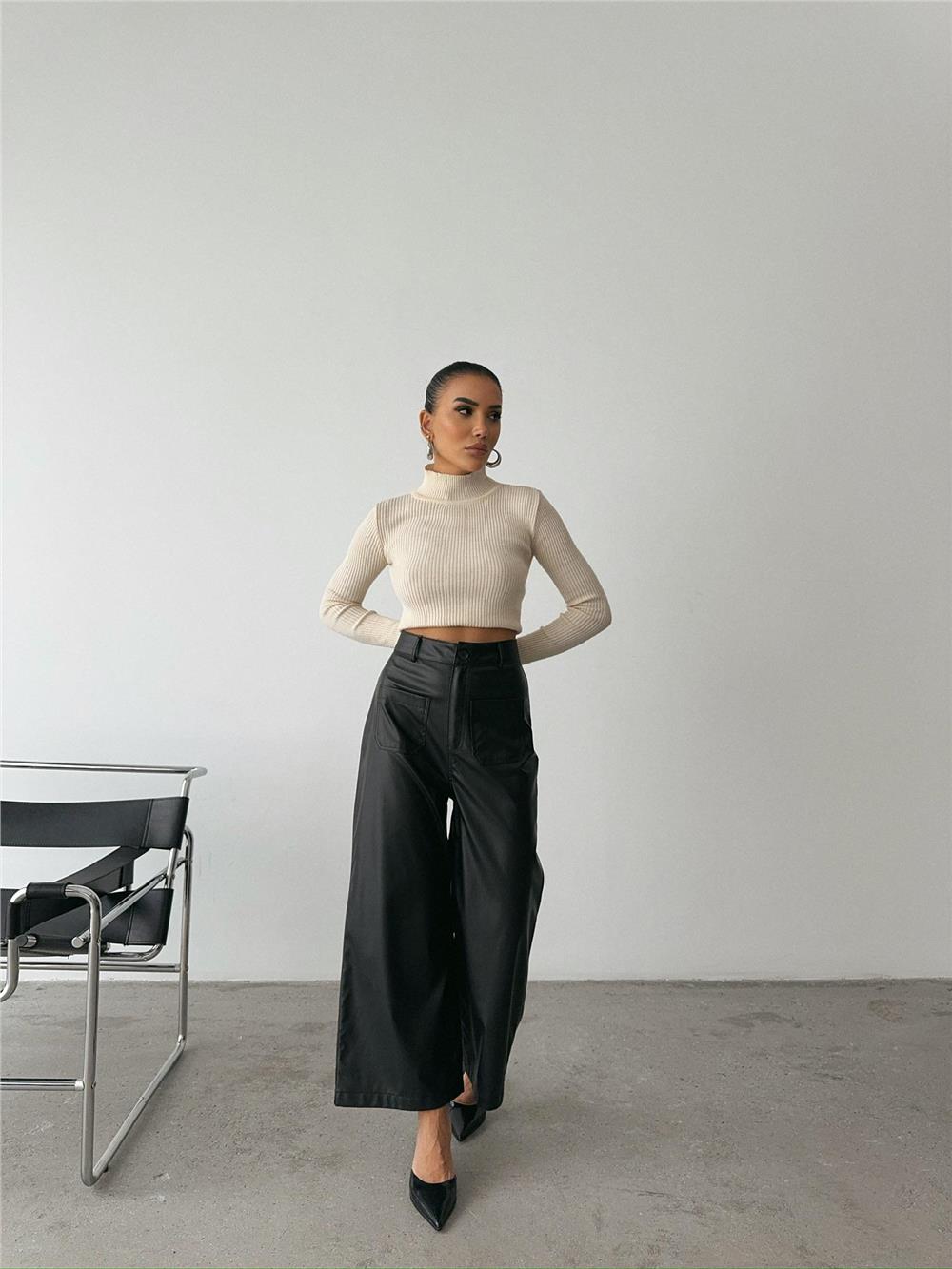 ÖN CEP DETAYLI DERİ PANTOLON - Siyah