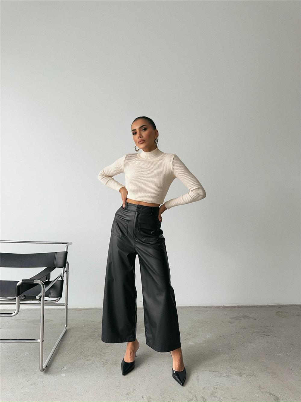 ÖN CEP DETAYLI DERİ PANTOLON - Siyah