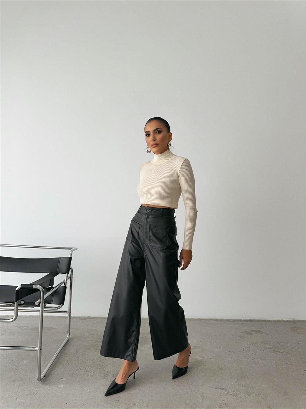 ÖN CEP DETAYLI DERİ PANTOLON - Siyah