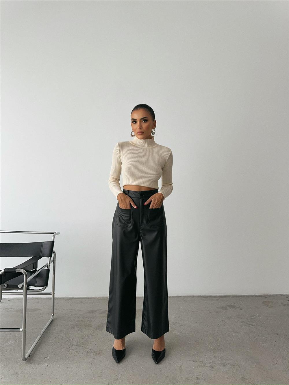 ÖN CEP DETAYLI DERİ PANTOLON - Siyah