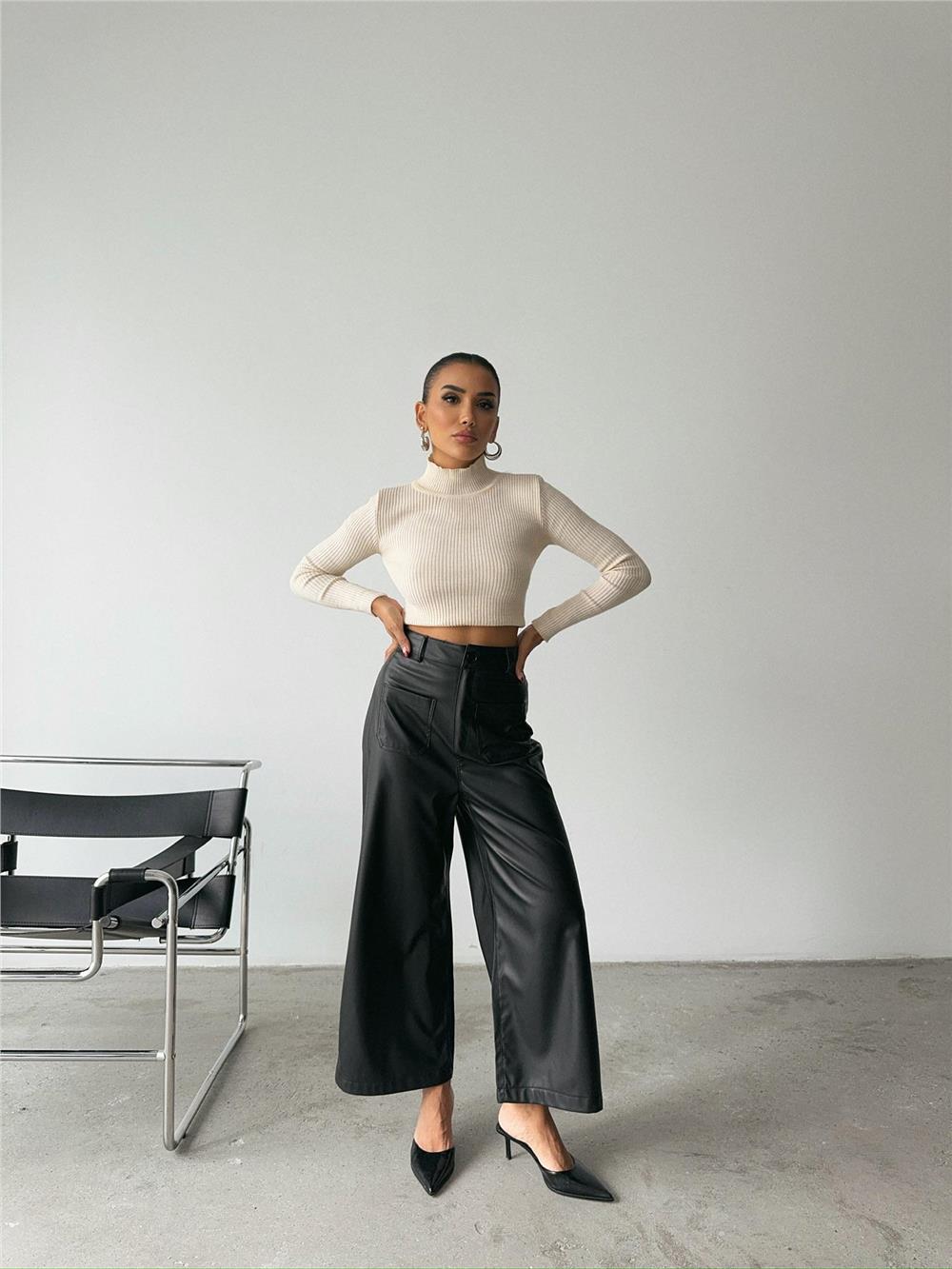 ÖN CEP DETAYLI DERİ PANTOLON - Siyah