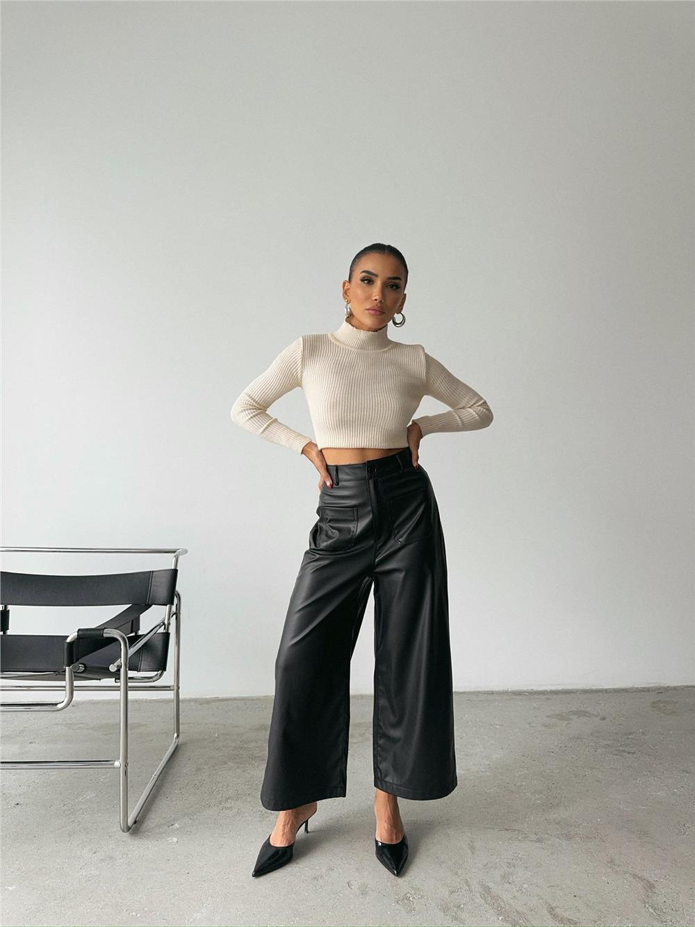 ÖN CEP DETAYLI DERİ PANTOLON - Siyah