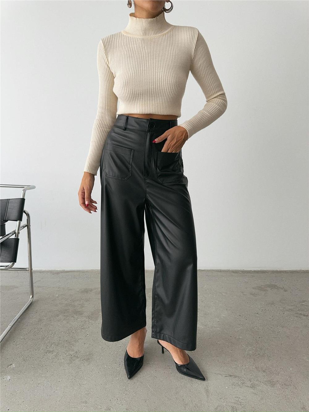 ÖN CEP DETAYLI DERİ PANTOLON - Siyah