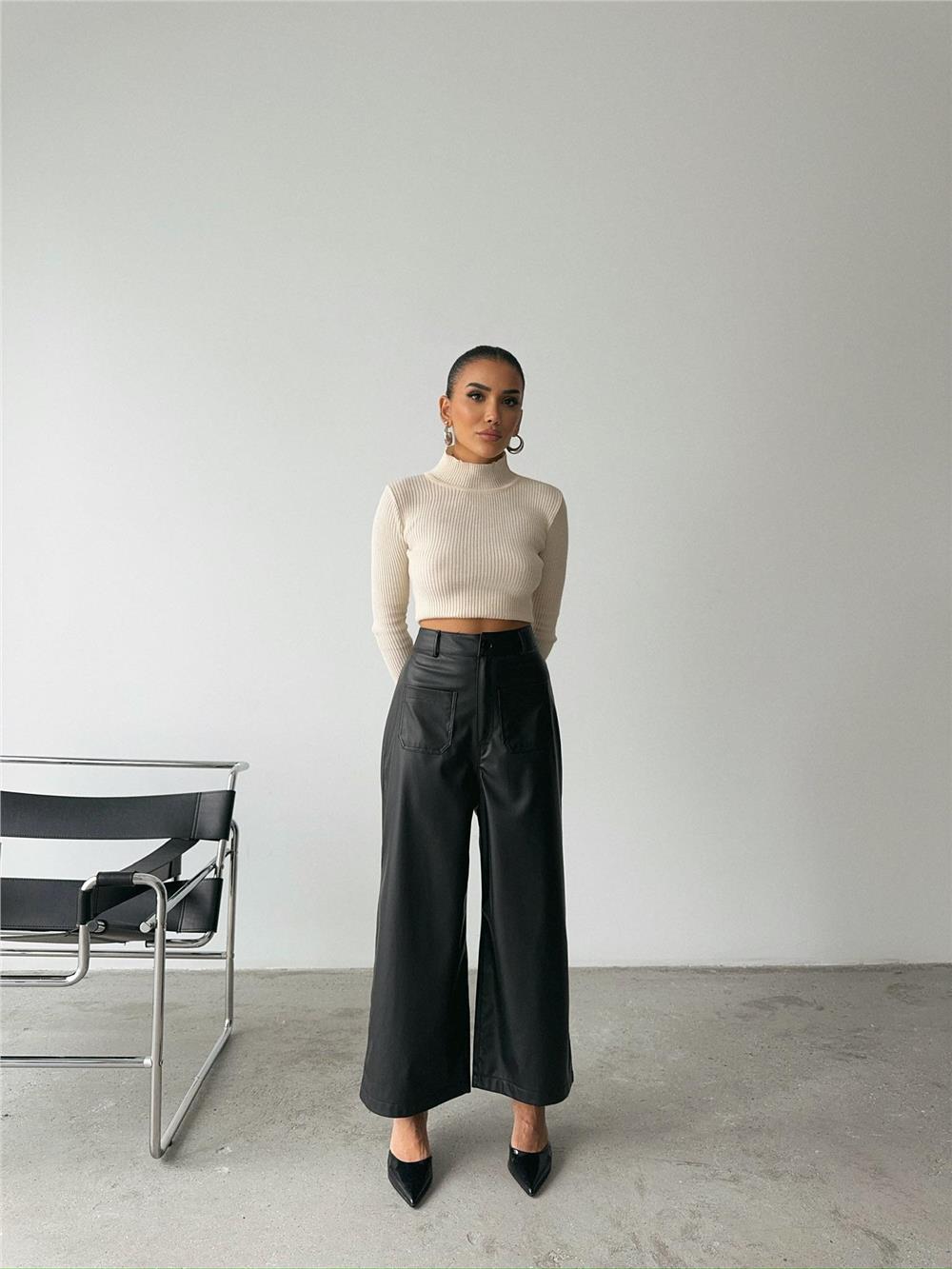 ÖN CEP DETAYLI DERİ PANTOLON - Siyah