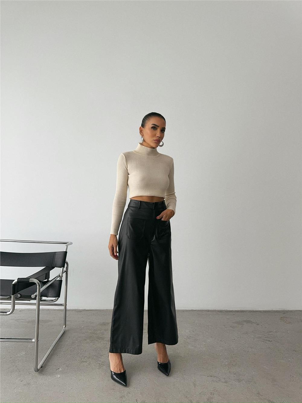 ÖN CEP DETAYLI DERİ PANTOLON - Siyah