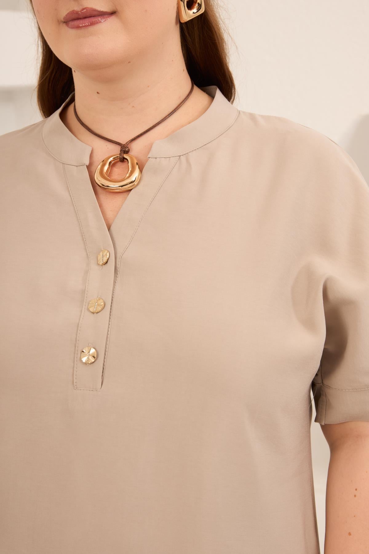 Plus Size Modal Blouse with Front Buttons - Cream