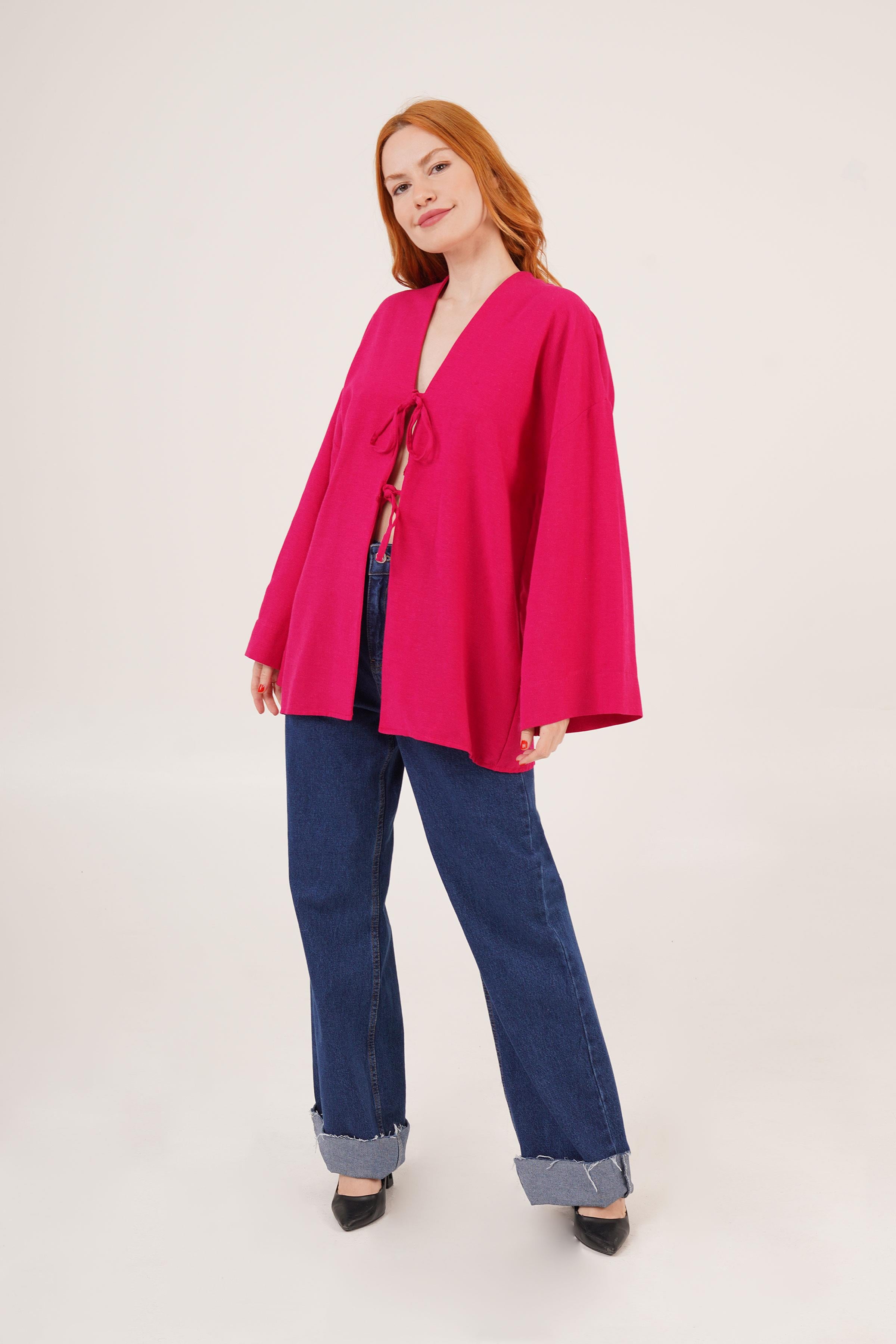 Önden Bağlama Detaylı İspanyol Kol Toptan Fuşya Tunik